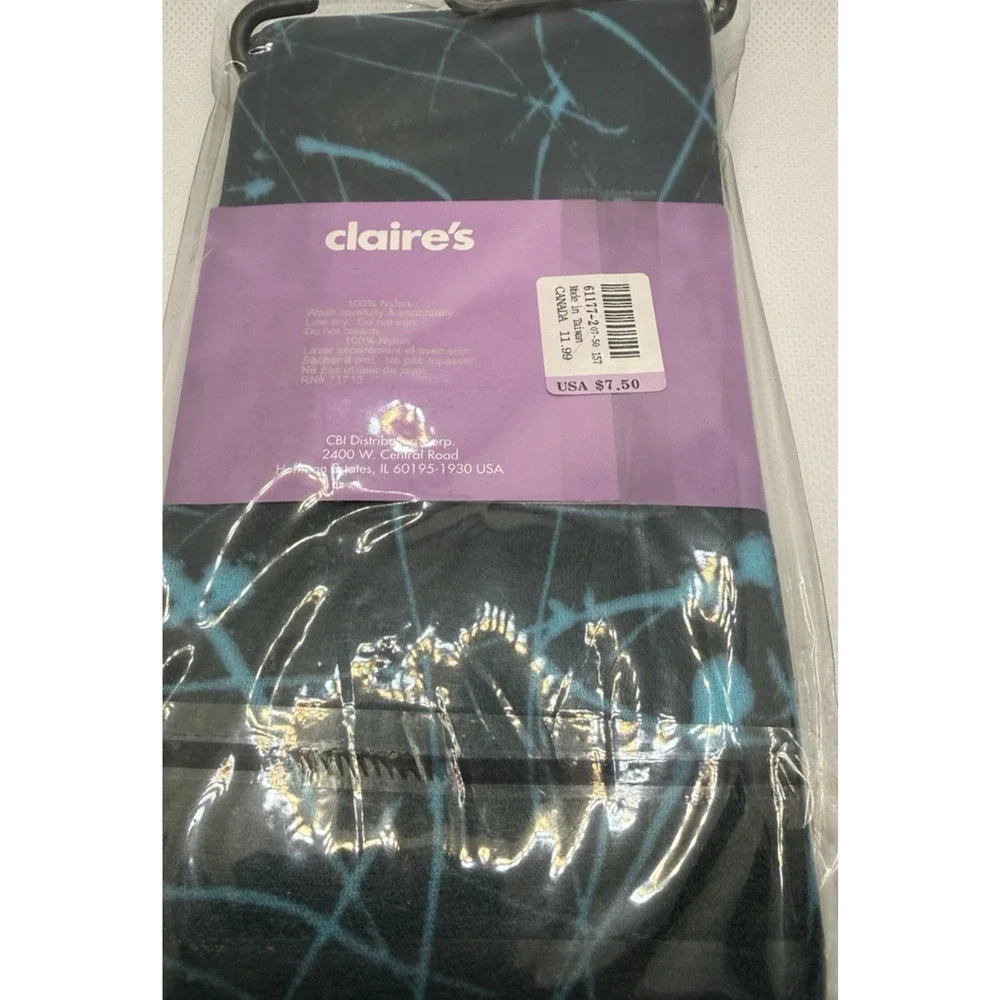 Claires Footless Tights Black Aqua Blue Scribble Womens Size S/M New